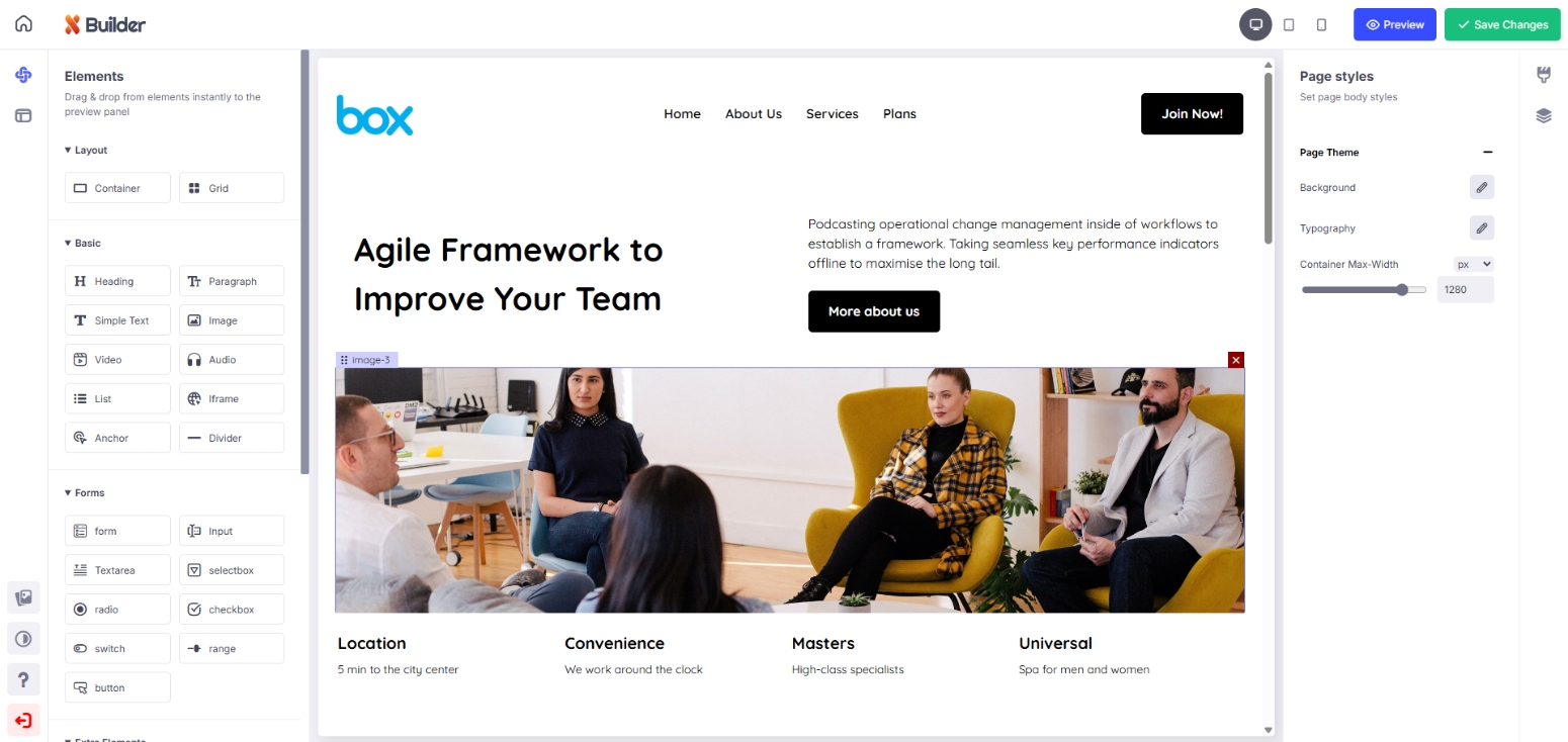 The PageX AI website builder editing a live page